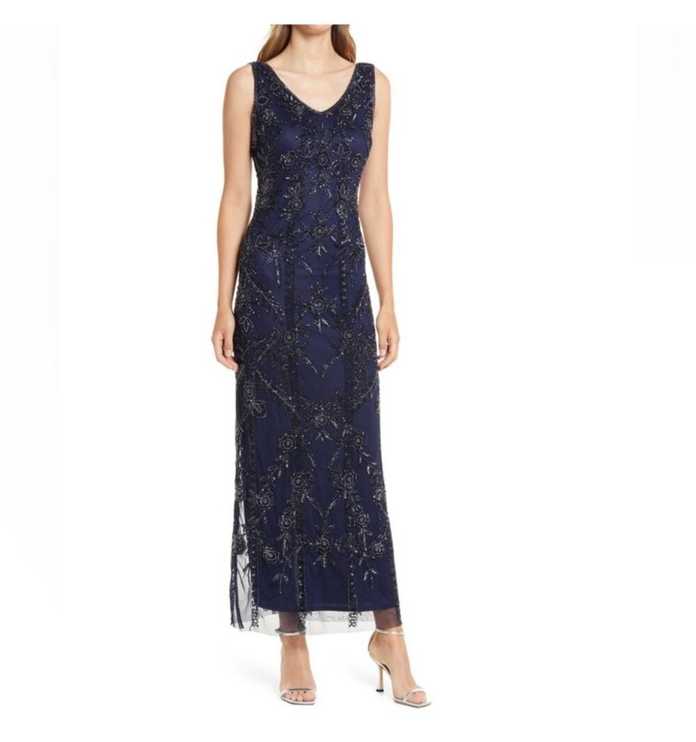 Pisarro Nights Navy Beaded Sleeveless Embellished V-Neck Formal Maxi Dress 6